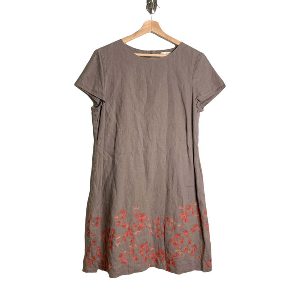 Boden Linen Floral Cap Sleeve Embroidered Mini Shift Dress Tan Grey Size US 10